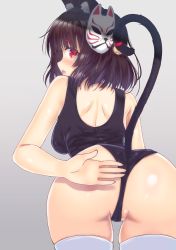 Rule 34 | 1girl, animal ears, ass, azur lane, bad id, bad pixiv id, black hair, cat ears, cat tail, cowboy shot, from behind, grey background, highres, kisshii (kic1224), leaning forward, looking at viewer, looking back, one-piece swimsuit, red eyes, school swimsuit, short hair, simple background, solo, swimsuit, tail, thighhighs, white thighhighs, yamashiro (azur lane)