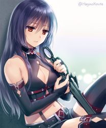 Rule 34 | 1girl, belt, black hair, black shorts, black thighhighs, breasts, bridal gauntlets, cleavage, expressionless, hagino kouta, holding, holding sword, holding weapon, hoshi no girls odyssey, long hair, nashira (hoshi no girls odyssey), red eyes, shorts, sitting, solo, sword, thighhighs, twitter username, weapon