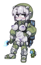 Rule 34 | 1girl, :d, alien, black eyes, bodysuit, boots, breasts, cleft of venus, colored nipples, colored skin, contrapposto, creature and personification, detached sleeves, full body, gloves, green gloves, green sleeves, grey hair, grey skin, hand on own hip, heart, heart-shaped pupils, holding, holding wrench, large breasts, long sleeves, martian engineer, no nose, nyong nyong, open mouth, personification, purple nipples, purple pussy, pussy, short hair, simple background, smile, solo, standing, symbol-shaped pupils, terraria, thigh boots, torn bodysuit, torn clothes, uncensored, white background, wrench