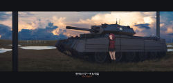 Rule 34 | 10s, 1girl, absurdres, brown eyes, caterpillar tracks, cloud, commentary request, crusader (tank), day, emblem, evening, girls und panzer, grass, highres, military, military vehicle, motor vehicle, murasaki saki, outdoors, red hair, rosehip (girls und panzer), short hair, sky, smile, solo, st. gloriana&#039;s (emblem), st. gloriana&#039;s military uniform, tank, water
