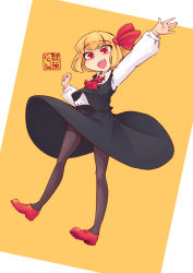 Rule 34 | 1girl, ascot, black skirt, blonde hair, blouse, bow, bowtie, breasts, ascot, darkness, dress shirt, floating, hair bow, hair ribbon, highres, hyoutan tan, long sleeves, looking at viewer, necktie, outstretched arms, pantyhose, red bow, red eyes, red footwear, red neckwear, red ribbon, ribbon, rumia, shirt, short hair, skirt, skirt set, small breasts, smile, socks, spread arms, touhou, vest, waving arm, white shirt, white shirt, wing collar