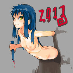 Rule 34 | 1990s (style), 1girl, ass, blood, bloody weapon, blue hair, breasts, dated, face, grey background, highres, knife, long hair, navel, neo ranga, nipples, nude, retro artstyle, shimabara yuuhi, small breasts, smile, solo, takayama toshinori, through wall, weapon, yellow eyes