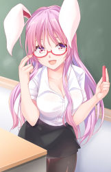 Rule 34 | 1girl, :d, animal ears, bad id, bad pixiv id, bespectacled, black pantyhose, black skirt, breasts, chalk, chalkboard, cleavage, collarbone, commentary request, cowboy shot, desk, glasses, hair between eyes, hands up, highres, hisae (hisae collect), holding, indoors, long hair, looking at viewer, medium breasts, miniskirt, open mouth, pantyhose, purple hair, rabbit ears, red-framed eyewear, red eyes, reisen udongein inaba, shirt, short sleeves, skirt, smile, solo, standing, thighs, touhou, white shirt