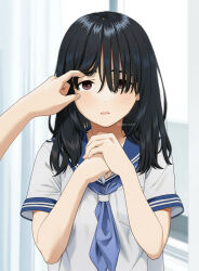 Rule 34 | 1girl, adjusting another&#039;s hair, artist name, black eyes, black hair, blue neckerchief, blue sailor collar, blush, breast pocket, copyright request, long hair, looking at viewer, mattaku mousuke, neckerchief, open mouth, own hands together, pocket, sailor collar, school uniform, shirt, solo focus, two-tone shirt, upper body, white shirt