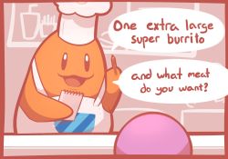 Rule 34 | :3, apron, arm up, bench, black eyes, border, chef, chef hat, chef kawasaki, english text, from behind, hand up, happy, hat, highres, holding, holding notepad, holding pencil, indoors, kaips, kirby, kirby (series), looking at another, looking down, loss (meme), meme, nintendo, notepad, open mouth, pencil, red border, restaurant, sketch, smile, speech bubble, standing, talking, text focus, upper body, white apron, white headwear