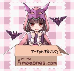 Rule 34 | 1girl, bat (animal), box, brown hair, cardboard box, chibi, cloak, fate/grand order, fate (series), hane yuki, hood, hooded cloak, in box, in container, long hair, low twintails, osakabehime (fate), tablet pc, twintails