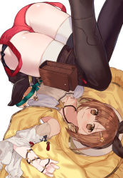 Rule 34 | 1girl, ass, atelier (series), atelier ryza, bare shoulders, belt, black belt, black thighhighs, blush, boots, breasts, brown eyes, brown hair, cleavage, commentary request, detached sleeves, flask, hair ornament, hairclip, hat, jewelry, looking at viewer, necklace, pendant, red shorts, reisalin stout, round-bottom flask, ryuuno6, short hair, short shorts, shorts, simple background, solo, star (symbol), thick thighs, thigh boots, thighhighs, thighhighs under boots, thighs, upside-down, wavy mouth, white background