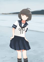 Rule 34 | 1girl, ahoge, black socks, blue sailor collar, blue skirt, blunt bangs, brown eyes, brown hair, commentary request, cosplay, feet out of frame, fubuki (kancolle), fubuki (kancolle) (cosplay), highres, kantai collection, kishinami (kancolle), kneehighs, leaning to the side, looking at viewer, pleated skirt, sailor collar, short hair, skirt, skirt hold, socks, solo, toplow, wavy hair