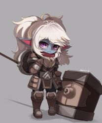 Rule 34 | 1girl, ahoge, armor, artist name, belt, belt buckle, black gloves, blonde hair, blue skin, boots, breastplate, brown footwear, buckle, closed mouth, colored skin, fang, gloves, grey background, hammer, highres, holding, holding hammer, holding weapon, huge weapon, hwaryeok, league of legends, long hair, pointy ears, poppy (league of legends), purple eyes, red scarf, scarf, shield, signature, simple background, solo, vambraces, weapon, yordle