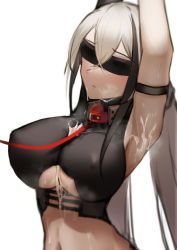 Rule 34 | 1girl, armpits, arms up, black blindfold, blindfold, breasts, closed mouth, collar, covered eyes, cum, cum on armpits, cum on body, cum on breasts, cum on upper body, erect nipples, gaia (girls frontline), girls frontline, hair between eyes, highres, large breasts, leash, long hair, low twintails, mouth hold, periory, sangvis ferri, silver hair, simple background, smile, solo, sweat, twintails, underboob, upper body, white background