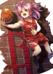 Rule 34 | 1girl, ahoge, arm warmers, azur lane, ball, bare shoulders, basketball, basketball (object), brick wall, green eyes, highres, houston (azur lane), houston rockets, jersey, jumping, logo, name connection, national basketball association, nike (company), open mouth, parted bangs, pink hair, shoes, short hair, short twintails, shorts, sleeveless, sneakers, socks, solo, sportswear, sweat, twintails, yakkuro