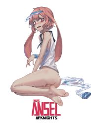 Rule 34 | 1boy, :o, ansel (arknights), ansel (casual vacation) (arknights), arknights, ass, barefoot, blouse, blush, bottomless, character name, foreskin, full body, looking at viewer, max-k, open mouth, penis, pink eyes, pink hair, shirt, short hair, simple background, sleeveless, sleeveless shirt, small penis, soles, solo, testicles, toes, trap, white background, white shirt