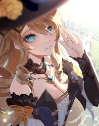 Rule 34 | 1girl, bare shoulders, bead necklace, beads, blonde hair, blue eyes, blurry, blurry foreground, breasts, brooch, cleavage, depth of field, detached collar, drill hair, genshin impact, hand up, highres, jewelry, layered sleeves, long hair, long sleeves, looking at viewer, medium breasts, navia (genshin impact), necklace, parted lips, shirt, short over long sleeves, short sleeves, smile, solo, strapless, strapless shirt, upper body, v burger103, white shirt