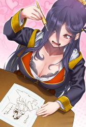 Rule 34 | 1girl, blush, bra, breasts, cleavage, drawing, drooling, embarrassed, female focus, from above, hair over one eye, hand up, heart, heart-shaped pupils, high ponytail, highres, holding, holding pen, large breasts, long hair, looking down, mole, mole under eye, nose blush, open mouth, oshiro project:re, oshiro project:re, paper, pen, ponytail, purple hair, red eyes, saliva, school uniform, simple background, sitting, solo, symbol-shaped pupils, table, tamonyama (oshiro project), unbuttoned, unbuttoned shirt, underwear, yachi (fujiyasu0616)