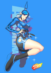 Rule 34 | 1girl, allegra (ring fit adventure), blue hair, blush, breasts, earrings, hands on own hips, jewelry, legs, namaniku atk, nintendo, pointy ears, purple eyes, ring fit adventure, shiny skin, shorts, sleeves past wrists, smile, standing, standing on one leg, sweat, thick thighs, thighs