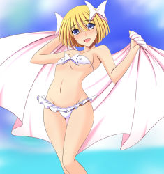 Rule 34 | 1girl, bikini, blonde hair, blue eyes, breasts, dragon quest, dragon quest v, covered erect nipples, futami masaki, hero&#039;s daughter (dq5), highres, short hair, small breasts, solo, square enix, swimsuit, towel