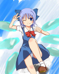 Rule 34 | 1girl, blue hair, cirno, dogeza emon, dress, embodiment of scarlet devil, fang, female focus, flying, gradient background, outdoors, panties, ribbon, short hair, sky, solo, touhou, underwear, wings