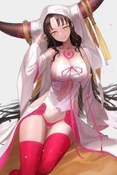 Rule 34 | 1girl, bare shoulders, black hair, breasts, chest tattoo, chorogon, cleavage, collarbone, dress, facial mark, fate/extra, fate/extra ccc, fate (series), forehead mark, horns, large breasts, long hair, long sleeves, looking at viewer, parted bangs, pink thighhighs, sessyoin kiara, sideboob, tattoo, thighhighs, thighs, veil, very long hair, wavy hair, white dress, wide sleeves, yellow eyes