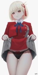 Rule 34 | 1girl, artist name, black panties, blonde hair, bob cut, bow, bow panties, breasts, closed mouth, clothes lift, dress, dress lift, grey dress, hair ribbon, highres, lifted by self, looking at viewer, lycoris recoil, lycoris uniform, medium breasts, neck ribbon, nishikigi chisato, one side up, panties, pleated dress, red dress, red eyes, red ribbon, ribbon, ryumikooo, short hair, smile, solo, thigh gap, thighs, two-tone dress, underwear