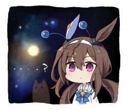 Rule 34 | 1girl, admire vega (umamusume), animal ears, blue bow, bow, bowtie, brown hair, cat, commentary, ear covers, ear ornament, english commentary, fake antennae, galaxy background, grey hairband, hair between eyes, hairband, horse ears, horse girl, jacket, long hair, long sleeves, low twintails, meme, no thoughts head empty (meme), official alternate costume, official alternate hairstyle, purple eyes, shirt, silver hairband, single ear cover, star (sky), starheart, sun, twintails, uma stars (umamusume), umamusume, white jacket