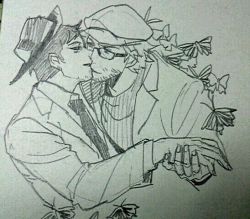 Rule 34 | 2boys, alto clef, assa, bug, butterfly, couple, eye contact, facial hair, glasses, holding hands, hat, bug, kiss, kondraki, lab coat, looking at another, male focus, monochrome, multiple boys, necktie, scp-408, scp foundation, sketch, yaoi