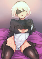 Rule 34 | 1boy, 2b (nier:automata), 2b (nier:automata) (cosplay), black blindfold, black gloves, black leotard, blindfold, brown thighhighs, bulge, cleavage cutout, clothing cutout, commentary request, cosplay, covered eyes, covered navel, covered penis, crossdressing, erection, erection under clothes, feather-trimmed sleeves, full body, gin daikon, gloves, grey hair, hand up, highres, juliet sleeves, leotard, long sleeves, male focus, male with breasts, medium hair, mole, mole under eye, nier:automata, nier (series), no shoes, open mouth, original, puffy sleeves, shiny clothes, shiny skin, short sleeves, sidelocks, silver radish, sitting, solo, thighhighs, thighs, trap, two-tone leotard, wariza, white leotard