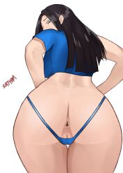 Rule 34 | 1girl, anus, artist name, ass, back, black hair, blue eyes, blue shirt, cameltoe, cleft of venus, commentary, english commentary, from behind, from below, highres, looking back, nico robin, one piece, panties, satyam ssj10, shirt, simple background, solo, thigh gap, thighs, underwear, white background