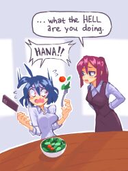 Rule 34 | 2girls, ahoge, blue hair, bowl, breasts, cellphone, collared shirt, english text, fang, food, fork, grey shirt, hana (hcnone), hcnone, highres, large breasts, long sleeves, looking at another, multiple girls, office lady, open mouth, original, phone, pink eyes, pink hair, purple eyes, salad, shirt, short hair, short ponytail, skye (hcnone), smartphone, speech bubble