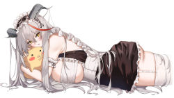 Rule 34 | 1girl, absurdres, aegir (azur lane), aegir (iron blood&#039;s dragon maid) (azur lane), arm strap, ass, azur lane, bare shoulders, blush, breasts, from side, grey hair, highres, horns, large breasts, long hair, looking at viewer, lying, manjuu (azur lane), marumai, multicolored hair, multiple girls, on stomach, parted lips, red hair, simple background, streaked hair, thighhighs, thighs, underboob, white background, white thighhighs, yellow eyes