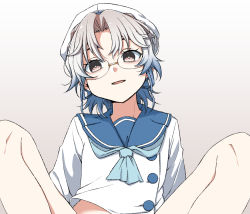 Rule 34 | 1girl, blue neckerchief, blue sailor collar, brown eyes, glasses, gradient background, grey hair, hat, hirato (kancolle), kantai collection, long sleeves, looking at viewer, moti coi, neckerchief, out-of-frame censoring, sailor collar, sailor hat, school uniform, serafuku, short hair, sitting, solo, spread legs, upper body, wavy hair, white background, white hat