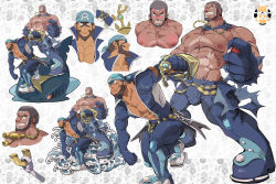 Rule 34 | 2boys, abs, anchor symbol, archie (pokemon), artist logo, bandana, bara, belt, blue bandana, blue bodysuit, blush, bodysuit, bulge, closed mouth, creatures (company), detached collar, facepaint, game freak, gen 3 pokemon, gloves, highres, jewelry, knee pads, large pectorals, male focus, matt (pokemon), mature male, multiple boys, multiple views, muscular, muscular male, navel, necklace, nintendo, nipples, pectoral cleavage, pectorals, poke ball, pokemon, pokemon (creature), pokemon oras, poses, pubic hair, sharpedo, shibadon co, short hair, sideburns, simple background, smile, stomach, symbol, tan, thick thighs, thighs, tight clothes, topless male, torn clothes, waves