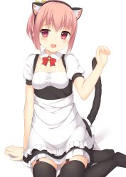 Rule 34 | 1girl, :d, animal ears, apron, arm support, bad id, bad pixiv id, bell, black skirt, black thighhighs, bow, bow legwear, bowtie, breasts, cat ears, cat tail, collarbone, detached collar, fake animal ears, frilled apron, frilled skirt, frills, garter straps, hair between eyes, hair ribbon, highres, jingle bell, looking at viewer, open mouth, original, pink eyes, pink hair, puffy short sleeves, puffy sleeves, red bow, red bowtie, ribbon, shirt, short hair, short sleeves, sidelocks, simple background, sitting, skirt, small breasts, smile, solo, tail, tareme, thighhighs, underbust, usagino suzu, white apron, white background, white shirt, yellow ribbon, yokozuwari