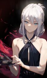 Rule 34 | 1girl, adjusting clothes, adjusting gloves, an-94 (girls&#039; frontline), bare arms, black dress, black gloves, blue eyes, closed mouth, dress, expressionless, girls&#039; frontline, gloves, grey hair, highres, jewelry, long hair, looking at viewer, niac, ring, single glove, sleeveless, sleeveless dress, solo, upper body