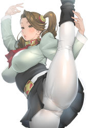 Rule 34 | 1girl, artist name, ascot, belt, black footwear, boots, breasts, brown eyes, brown hair, commentary request, dated, forehead, gundam, gundam build fighters, gundam build fighters try, hair ornament, highres, kotoyoshi yumisuke, large breasts, panties, parted lips, red ascot, sazaki kaoruko, skirt, solo, split, standing, standing on one leg, standing split, thick thighs, thighs, twintails, underwear, white panties