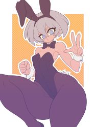 Rule 34 | 1girl, animal ears, bea (pokemon), black bow, black leotard, blue eyes, bow, bowtie, breasts, cleavage, cleft of venus, creatures (company), dark-skinned female, dark skin, detached collar, fake animal ears, fake tail, female focus, game freak, grey hair, highleg, highleg leotard, highres, kaikoinu, leotard, looking at viewer, medium breasts, nintendo, pantyhose, playboy bunny, pokemon, pokemon swsh, rabbit ears, rabbit tail, short hair, small breasts, solo, standing, tail, thighs, toned