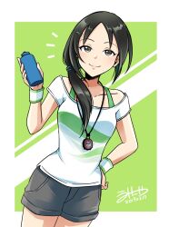 Rule 34 | 1girl, aoki kei, araragi uminya, black hair, black shorts, bottle, bra, bra strap, brown eyes, collarbone, dated, green background, green bra, grid background, hair ornament, hair over shoulder, hairclip, hand on own hip, highres, holding, holding bottle, idolmaster, idolmaster cinderella girls, idolmaster cinderella girls starlight stage, long hair, looking at viewer, outside border, ponytail, shirt, short sleeves, shorts, signature, smile, solo, sports bra, standing, stopwatch, trainer (idolmaster), underwear, watch, white shirt, wristband