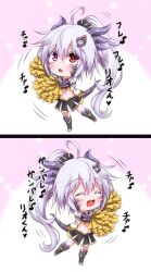 Rule 34 | 1girl, ahoge, blush, breasts, cheering, cheerleader, chibi, claws, closed eyes, colored eyelashes, crop top, dragon girl, dragon horns, dragon tail, g (genesis1556), hair between eyes, hair ornament, heterochromia, highres, holding, holding pom poms, horns, long hair, looking at viewer, midriff, monster girl, navel, original, pom pom (cheerleading), pom poms, purple eyes, purple hair, rara (g (genesis1556)), red eyes, scales, smile, solo, tail, very long hair