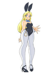 Rule 34 | 1girl, absurdres, alice (alice in wonderland), alice in wonderland, animal ears, blonde hair, breasts, cleavage, disney, fake animal ears, high heels, highres, pantyhose, playboy bunny, pocket watch, rabbit ears, thighs, toshinoshin, watch, white background, wide hips, wrist cuffs