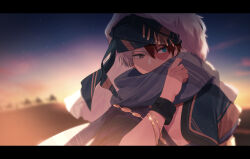 Rule 34 | 1boy, adjusting scarf, aqua eyes, blurry, blurry background, boku no hero academia, bright pupils, burn scar, commentary request, covered mouth, grey eyes, gugugunogu, hair between eyes, heterochromia, highres, letterboxed, long sleeves, male focus, multicolored hair, outdoors, partial commentary, red hair, scar, scar on face, scarf, sideways glance, sky, solo, todoroki shouto, two-tone hair, upper body, white hair, white pupils