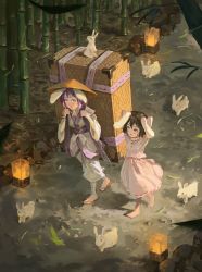Rule 34 | 2girls, ajirogasa, animal ears, arms behind head, bamboo, bamboo forest, barefoot, black hair, box, carrot necklace, chandelier, dress, fjsmu, forest, hat, highres, inaba mob (touhou), inaba tewi, japanese clothes, multiple girls, nature, necklace, pink dress, rabbit, rabbit ears, reisen udongein inaba, touhou, walking