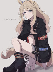 Rule 34 | 1girl, animal ears, asymmetrical footwear, bandeau, blonde hair, blue eyes, character name, colored eyelashes, full body, gold city (umamusume), hand on own face, head rest, highres, horse ears, horse girl, horse tail, jacket, long hair, long sleeves, midriff, mismatched footwear, navel, open clothes, open jacket, ri cochet, shoes, shorts, solo, tail, umamusume