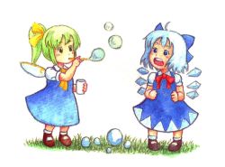 Rule 34 | 2girls, :o, acrylic paint (medium), ahoge, blue dress, blue eyes, blue hair, bow, bubble, blowing bubbles, cirno, colored pencil (medium), daiyousei, dress, fairy wings, grass, green eyes, green hair, hair bow, large bow, mary janes, multiple girls, painting (medium), shoes, short hair, side ponytail, terrajin, touhou, traditional media, wings