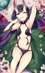 Rule 34 | 1girl, absurdres, arm up, armpits, black hair, blue eyes, breasts, derori226, fate/grand order, fate (series), highres, horns, looking at viewer, lying, navel, on back, oni, parted lips, petals, revealing clothes, short hair, shuten douji (fate), shuten douji (first ascension) (fate), small breasts, smile, solo