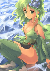 Rule 34 | 1990s (style), 1girl, bad id, bad pixiv id, boots, breasts, cleavage, final fantasy, final fantasy iv, green eyes, green footwear, green hair, kouno hikaru, matching hair/eyes, aged up, rydia (ff4), solo, thighhighs