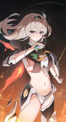 Rule 34 | 1girl, asymmetrical legwear, black hair, black jacket, blue eyes, breasts, bug, closed mouth, commentary, cowboy shot, embers, fire, firefly, firefly (honkai: star rail), floating hair, frown, groin, hair between eyes, hand up, henshin, highres, holding, honkai: star rail, honkai (series), insect, jacket, large breasts, looking at viewer, multicolored eyes, navel, necktie, orange eyes, orange necktie, sideboob, sidelocks, single bare leg, solo, stomach, torn cloth, torn clothes, torn jacket, white hair, yeni1871