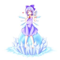 Rule 34 | 1girl, arm up, bad id, bad pixiv id, bita, blue dress, blue eyes, blue hair, bottle, bow, cirno, dress, drinking, hair bow, heart, highres, ice, matching hair/eyes, short hair, simple background, sitting, solo, sundress, touhou, white background, wings