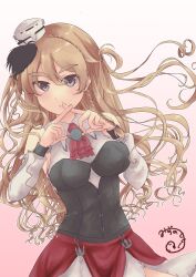 Rule 34 | 1girl, absurdres, anchor ornament, ascot, blonde hair, bodice, braid, breasts, brown eyes, commentary request, crossed fingers, french braid, hat, highres, kantai collection, large breasts, long hair, looking at viewer, mini hat, mizunototori, red ascot, red skirt, shirt, skirt, solo, wavy hair, white shirt, zara (kancolle)