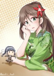 Rule 34 | 10s, 2girls, 601 air group pilot (kancolle), :o, amagi (kancolle), anti (untea9), braid, brown eyes, brown hair, desk, elbow rest, fairy, fairy (kancolle), female focus, flower, flower on head, furisode, gradient background, hair between eyes, hair flower, hair ornament, highres, japanese clothes, kantai collection, kimono, long hair, looking at viewer, mole, mole under eye, multiple girls, open mouth, ponytail, reppuu (kancolle), school uniform, sitting, twin braids, twitter username, uniform