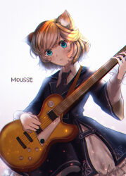 1girl absurdres animal_ears arknights bass_guitar blonde_hair cat_ears cat_girl green_eyes guitar highres holding instrument jiru_(6pp_ab) long_sleeves looking_at_viewer mousse_(arknights) multicolored_hair open_mouth shirt short_hair solo white_hair white_shirt