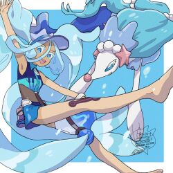 Rule 34 | 1girl, :d, arm up, barefoot, blue eyes, blue skirt, bright pupils, collared shirt, colored eyelashes, commentary request, creatures (company), crossover, eyelashes, game freak, gen 7 pokemon, happy, hatsune miku, looking at viewer, nintendo, open mouth, pokemon, pokemon (creature), primarina, project voltage, sagemaru-br, shirt, signature, skirt, sleeveless, sleeveless shirt, smile, teeth, tongue, twintails, upper teeth only, visor cap, vocaloid, water miku (project voltage), white pupils, zipper pull tab